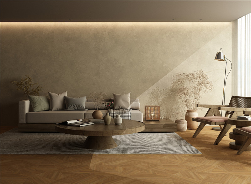 Vertical view of a travertine marble slab with long elegant veins and warm beige sand-like color tones