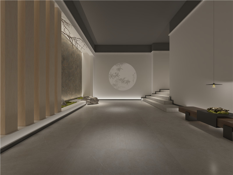 ultra-modern minimalist interior with floor-to-ceiling windows and large format porcelain floor tiles in soft grey