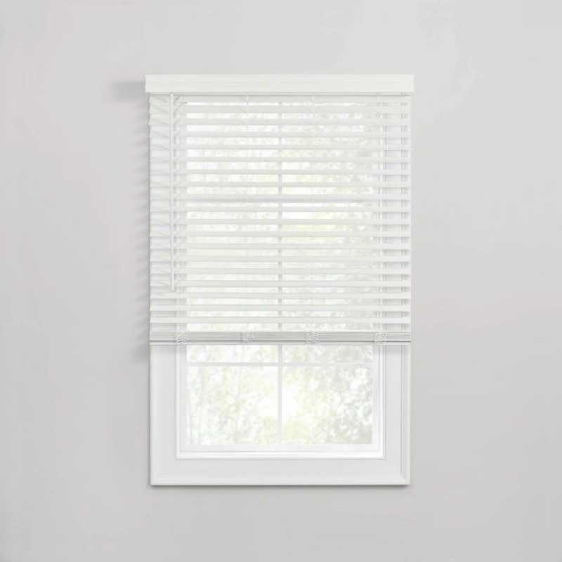 White imitation wood blinds for bedroom windows