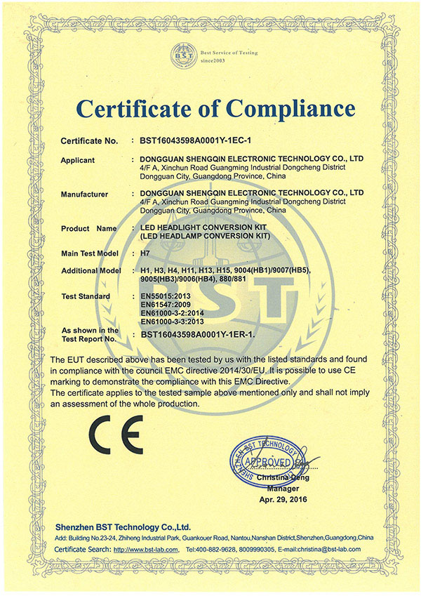 CE certification for LED Headlight