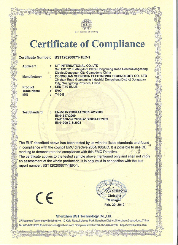 CE crtification for LED T10 bulb