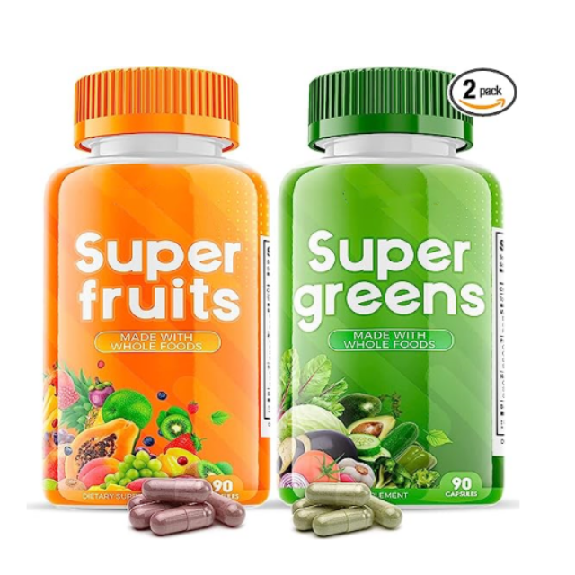 Super Fruit and Vegetable Supplements – Organic Whole Superfood Vitamins & Minerals – 90 Veggie and 90 Fruit Capsules for Women, Men, and Kids.