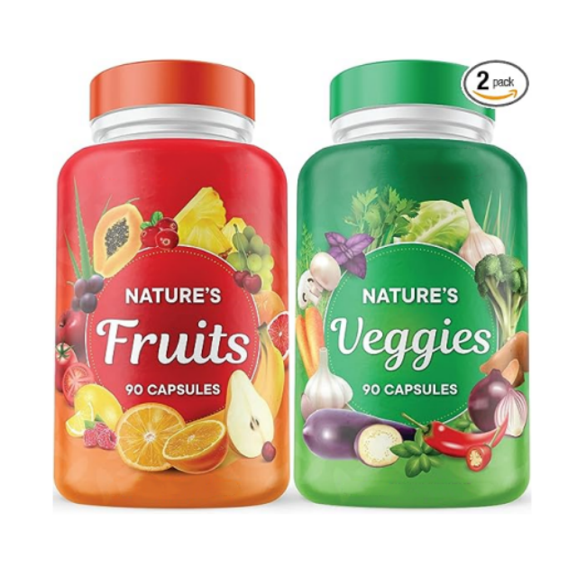 Fruits and Veggies Supplement - 90 Fruit and 90 Veggie Capsules -100% Whole Natural Superfood - Filled with Vitamins and Minerals.