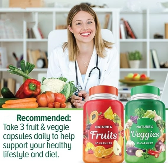 Suplemento de Frutas y Verduras - 90 Cápsulas de Frutas y 90 Vegetales -Superalimento 100% Natural Integral - Lleno de Vitaminas y Minerales.