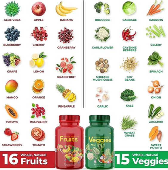 Fruits and Veggies Supplement - Whole Produce Fruit and Vegetable Supplement Dietary Superfood Vitamins for Men, Women - Fruit and Veggie Supplements .