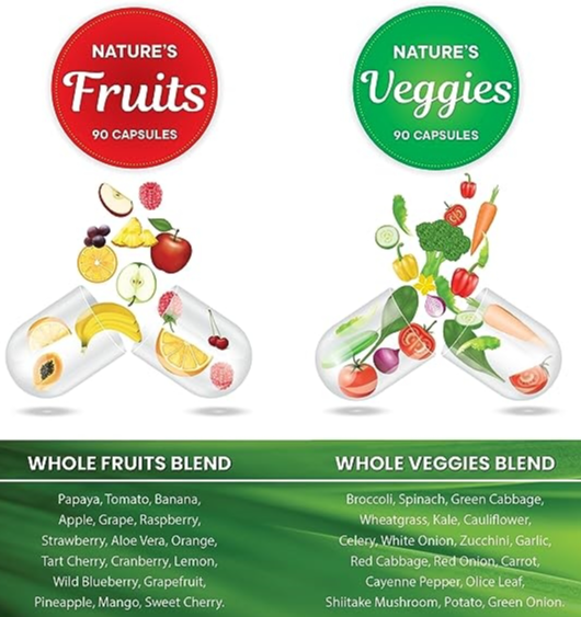 Fruits and Veggies Supplement - 90 Fruit and 90 Veggie Capsules -100% Whole Natural Superfood - Filled with Vitamins and Minerals.