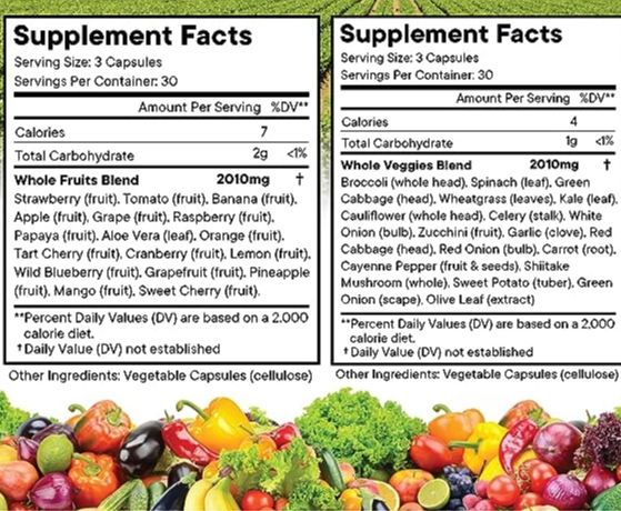 Fruits and Veggies Supplement - 90 Fruit and 90 Veggie Capsules -100% Whole Natural Superfood - Filled with Vitamins and Minerals.