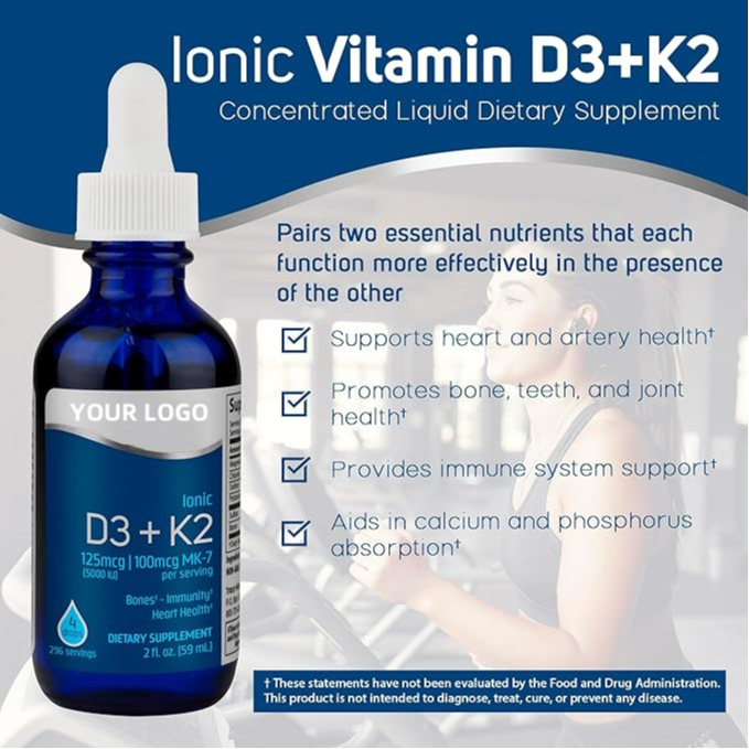 Vloeibare Ionische Vitamine D3 + K2 | 125 mcg (5.000 IE) D3, 100 mcg K2 | Geconcentreerd voedingssupplement