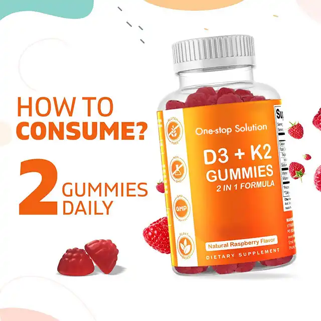 Hot Sale OEM Vitamin D3 K2 Gummies Vitamin D3 5000 IU per serving Bone Teeth Muscle Immune Health Support