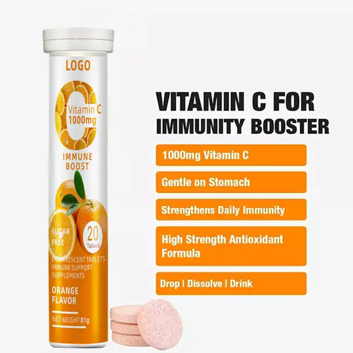 Las tabletas efervescentes de vitaminas C beneficiosas para el cuidado de la salud ayudan a fortalecer el sistema inmunológico y mantenerse saludable.