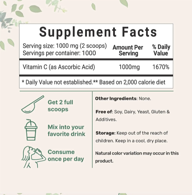 OEM Hot sale Pure 100% Vitamin C powder Ascorbic Acid Immune supplement