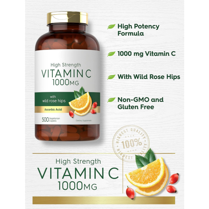 Vitamin C 1000mg | 500 Vegetarian Caplets | Ascorbic Acid with Wild Rose Hips | High Strength Formula Gluten Free Supplement