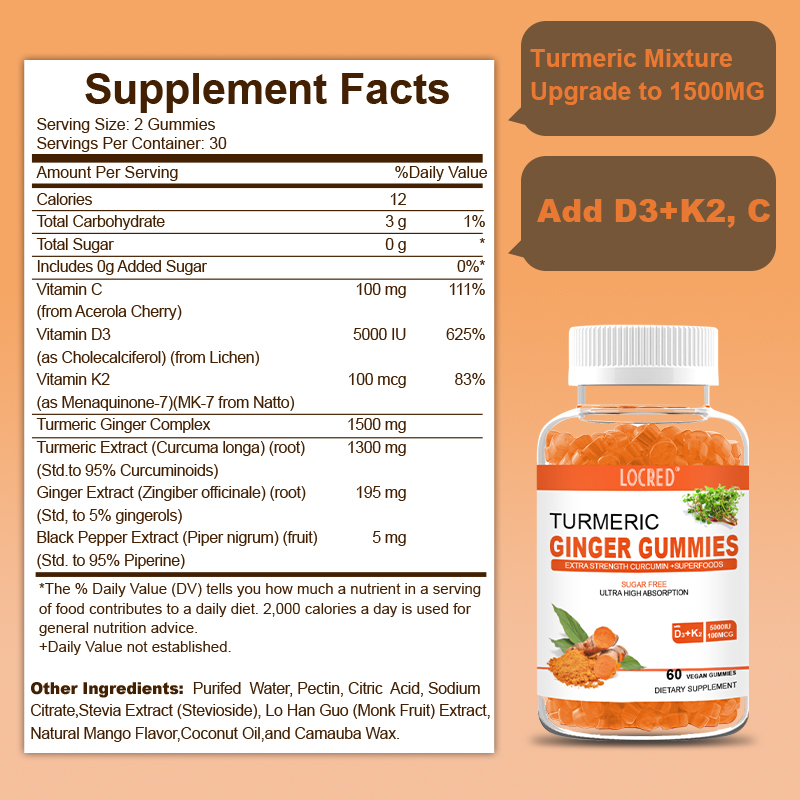 Wholesale Food Supplements Curcumin Turmeric Ginger with D3 k2 Gummies