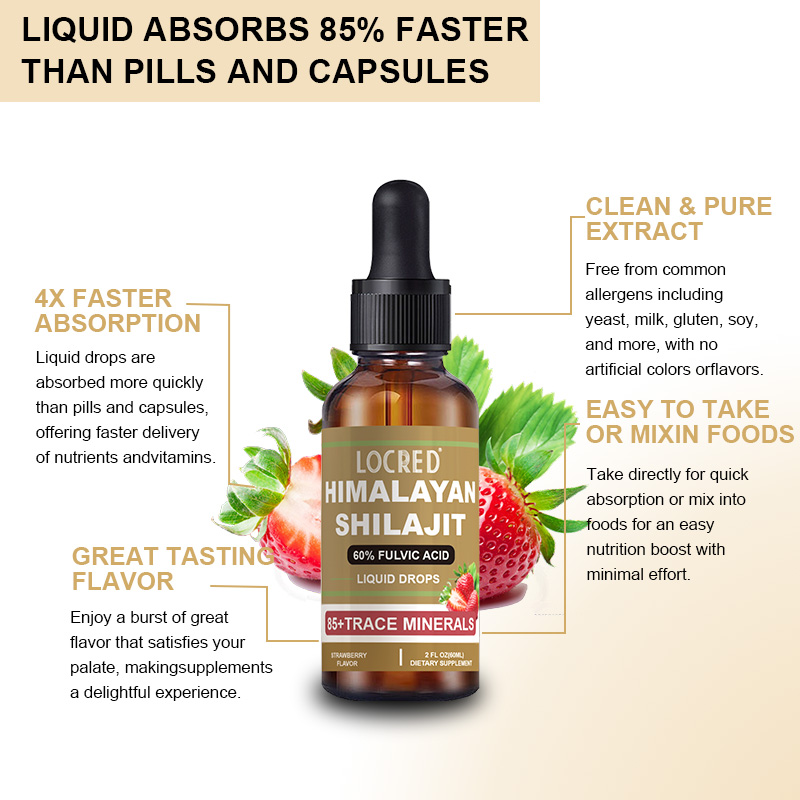 OEM Premium Quality Himalayan Shilajit Liquid Drops With 60% Fulvic Acid Strawberry Flavor Acceptable Customization