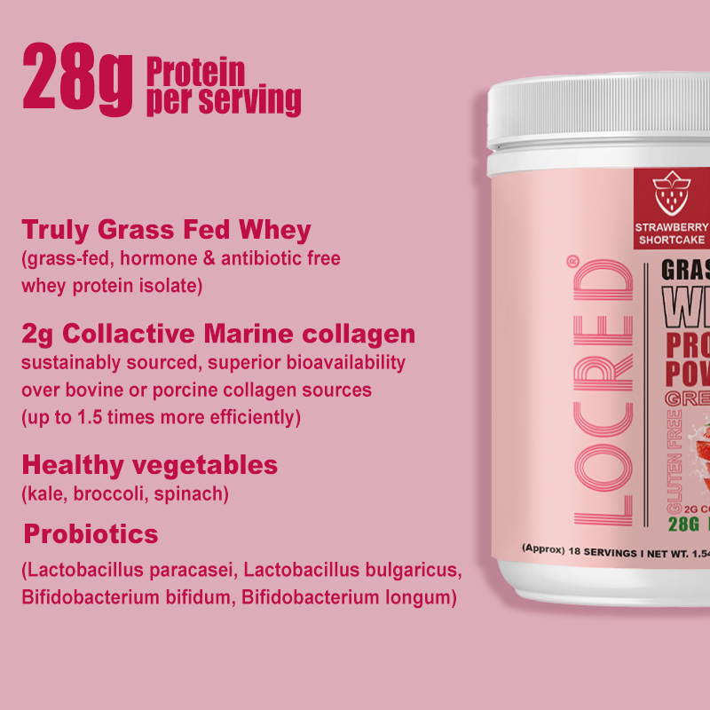 Grass-fed 28g protein  Strawberry flavor  Whey protein powder