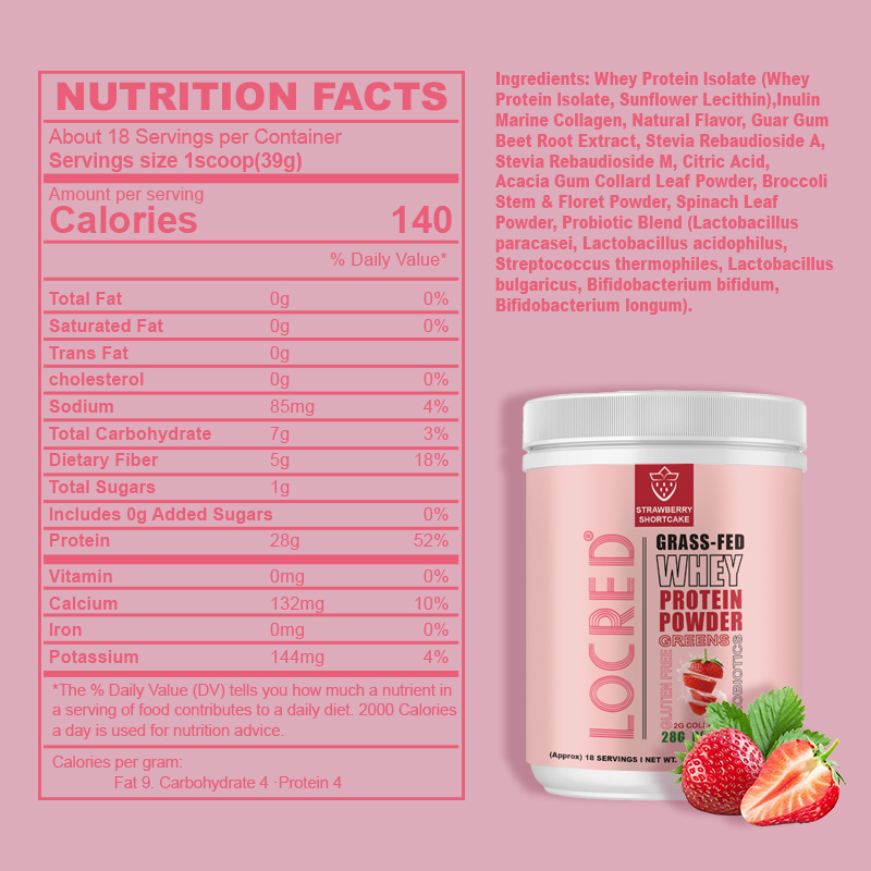 Grass-fed 28g protein  Strawberry flavor  Whey protein powder