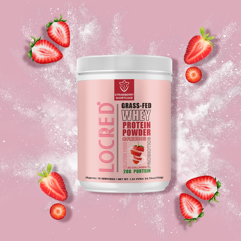 Grass-fed 28g protein  Strawberry flavor  Whey protein powder