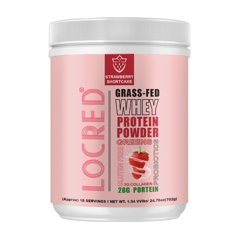 Grass-fed 28g protein  Strawberry flavor  Whey protein powder