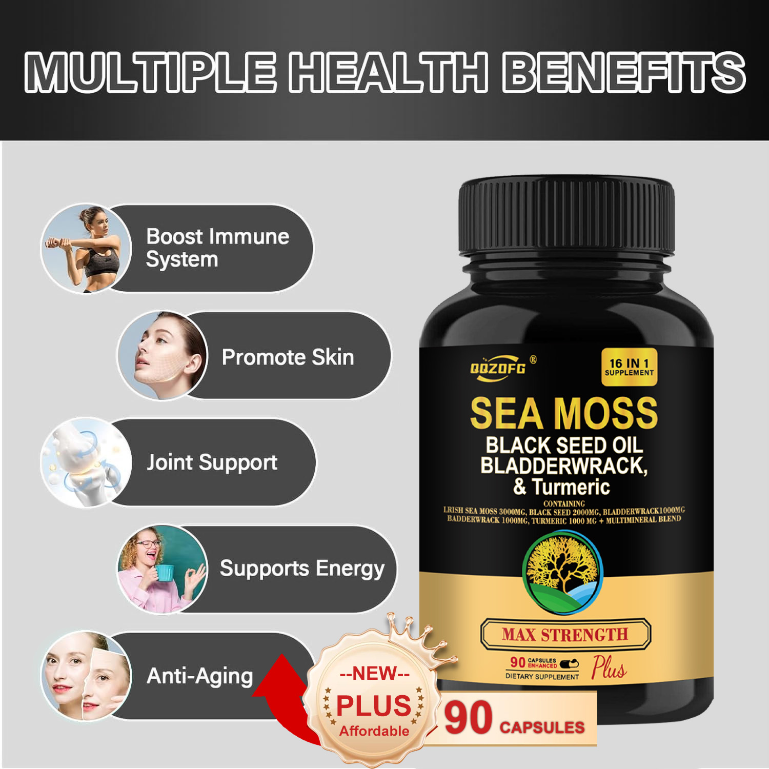 Sea Moss capsules Sea Moss 3000mg Black Seed Oil 2000mg Ashwagandha 1000mg 16 in one capsules