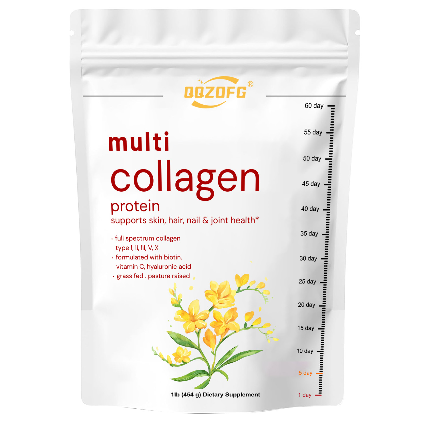 Multi collagen powder (types I, II, III, V, X) contains vitamin C, hyaluronic acid, and supports the skin, hair, nails, and joints