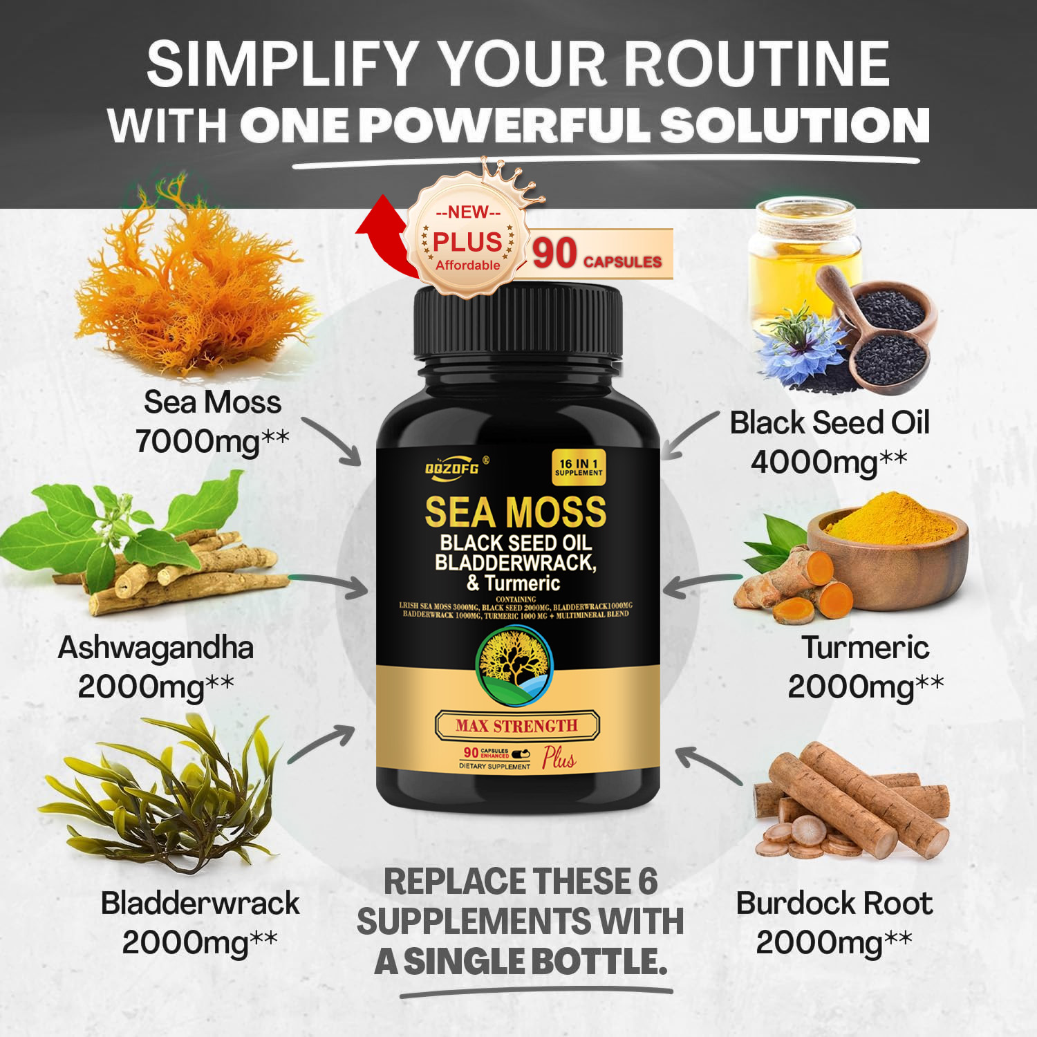 Sea Moss capsules Sea Moss 3000mg Black Seed Oil 2000mg Ashwagandha 1000mg 16 in one capsules