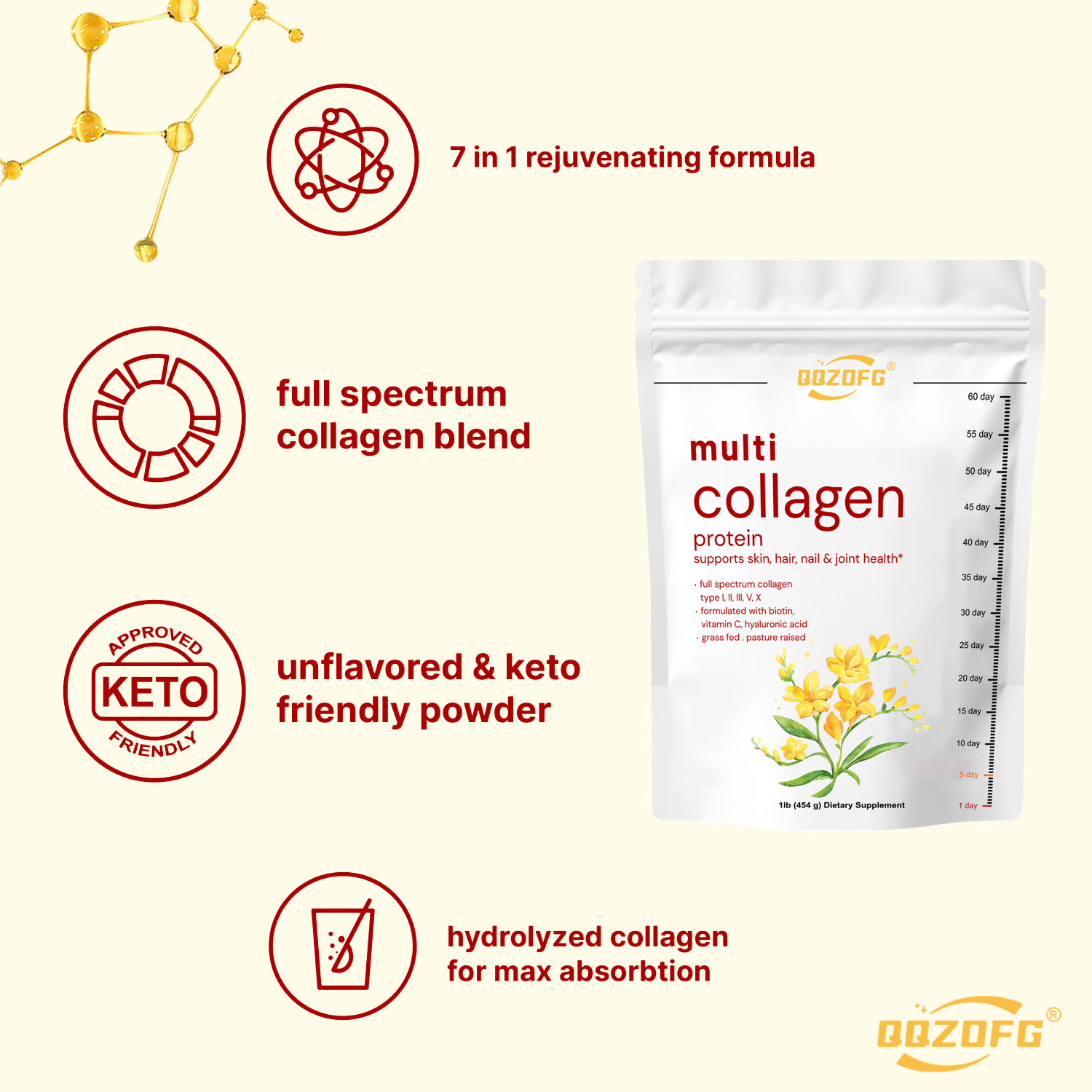 Multi collagen powder (types I, II, III, V, X) contains vitamin C, hyaluronic acid, and supports the skin, hair, nails, and joints