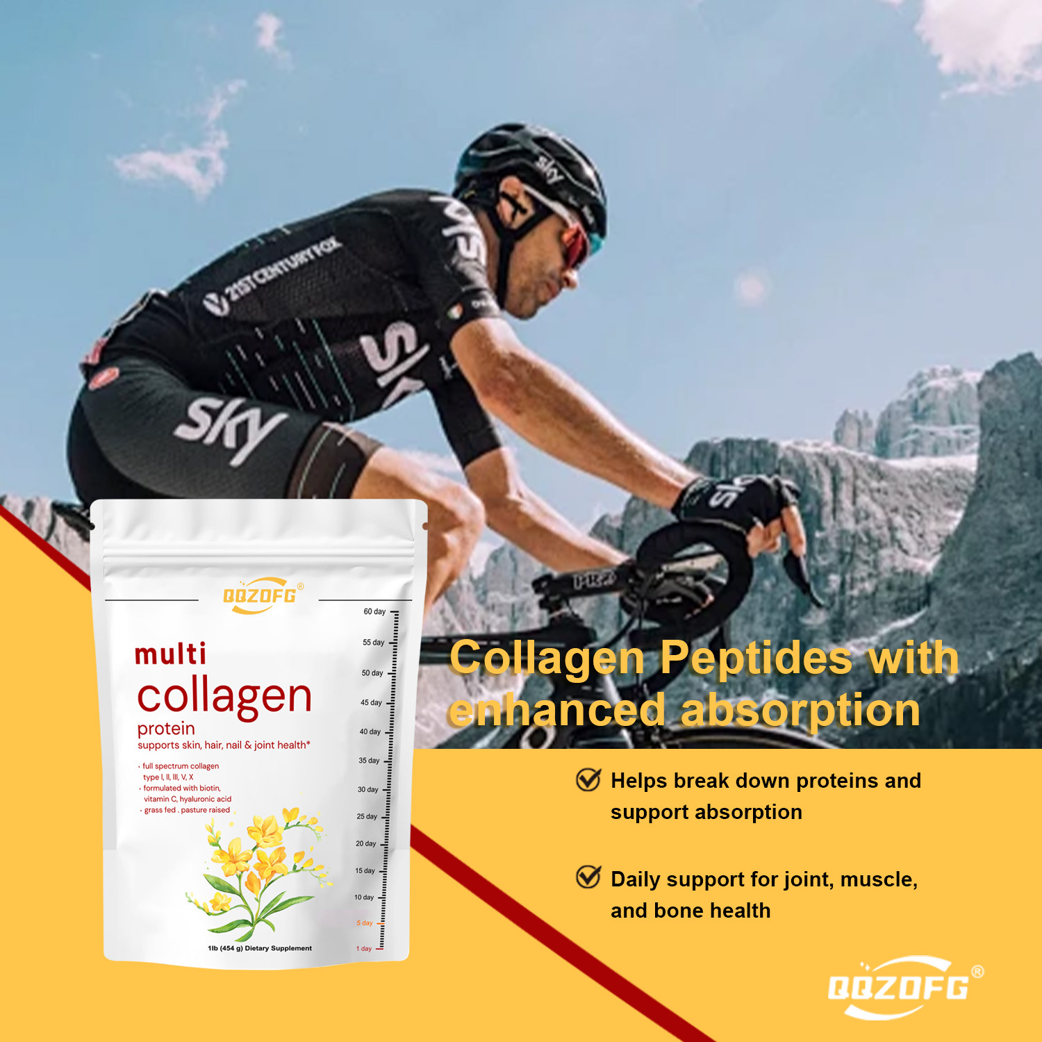 Multi collagen powder (types I, II, III, V, X) contains vitamin C, hyaluronic acid, and supports the skin, hair, nails, and joints