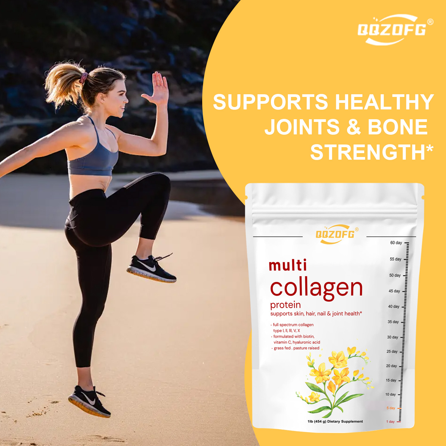 Multi collagen powder (types I, II, III, V, X) contains vitamin C, hyaluronic acid, and supports the skin, hair, nails, and joints