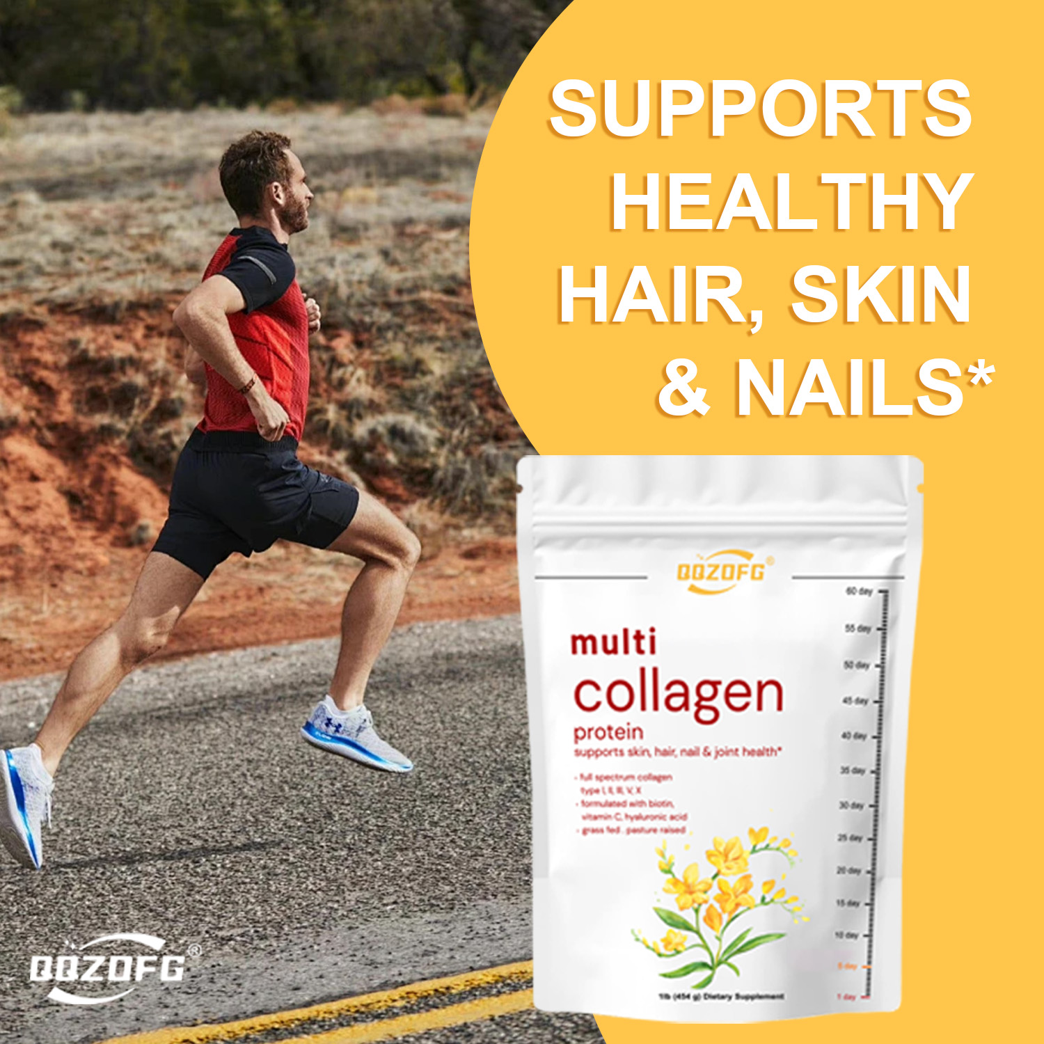 Multi collagen powder (types I, II, III, V, X) contains vitamin C, hyaluronic acid, and supports the skin, hair, nails, and joints