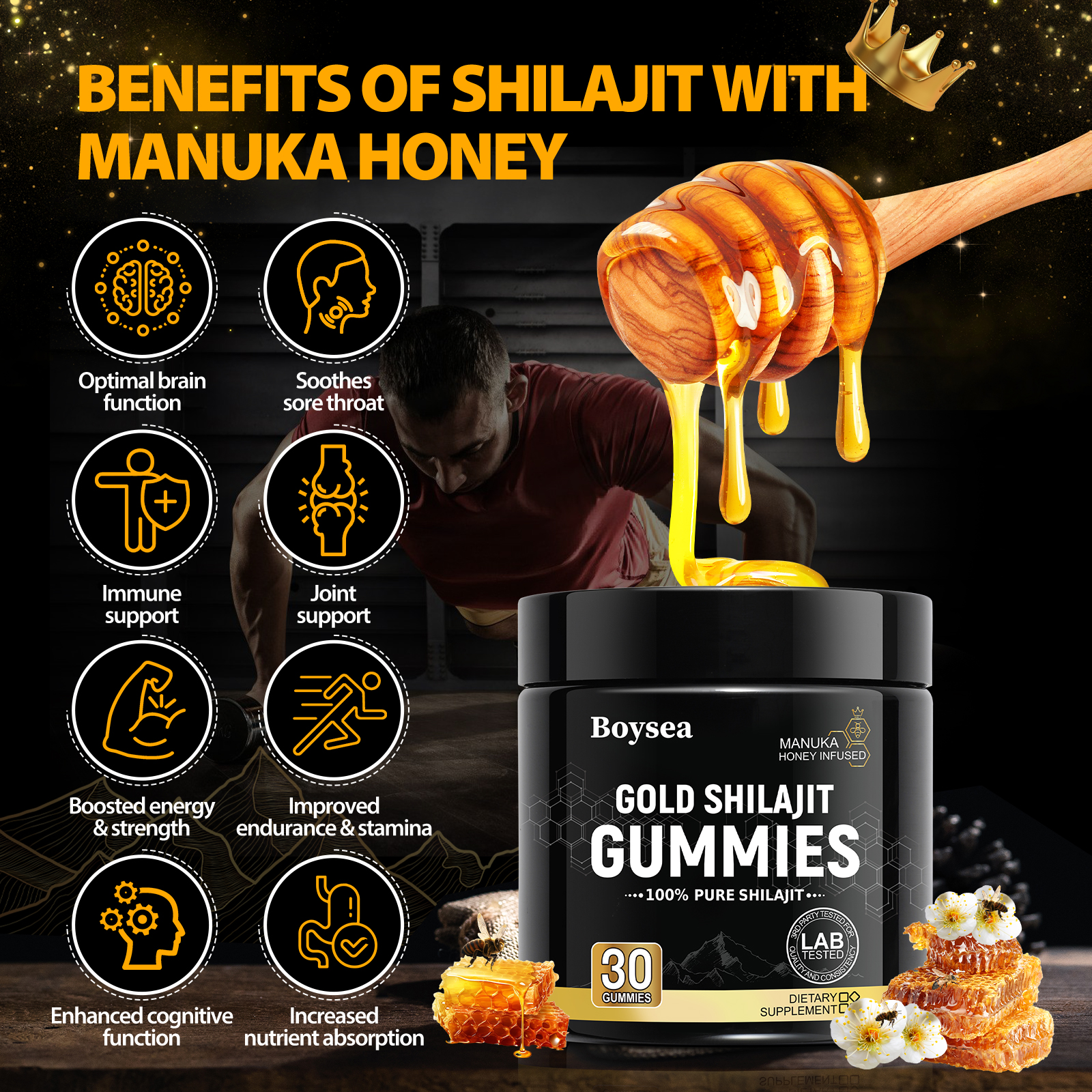 Gold Shilajit Gummies Energy Boost 100% Pure Shilajit Dietary Supplement 30 gummies