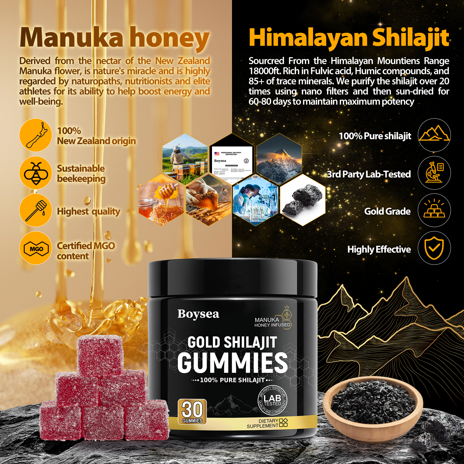 Gold Shilajit Gummies Energy Boost 100% Pure Shilajit Dietary Supplement 30 gummies