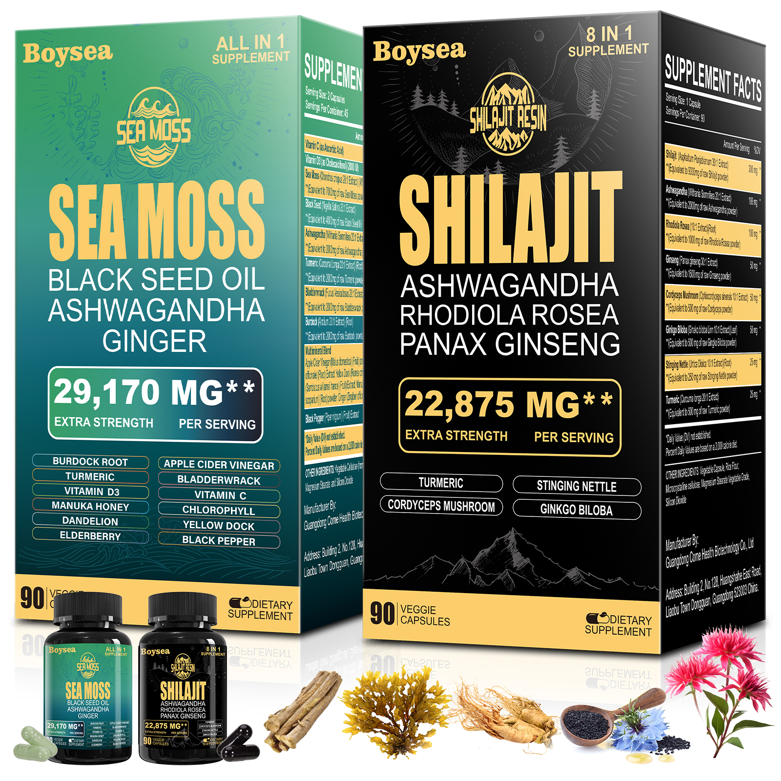 Shilajit and Sea Moss Combo Dynamic Vitality Bundle With Black Seed Oil Ashwagandha Ginger 90 capsules per bottle