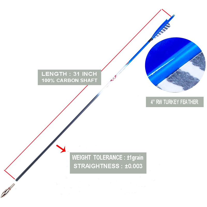 Traditionele Boogschieten Carbon Feather Pijlen 300 340 400 500 600 Spine 31 Inch voor Reverse Compound Bow Longbow Hunting Targets Arrow