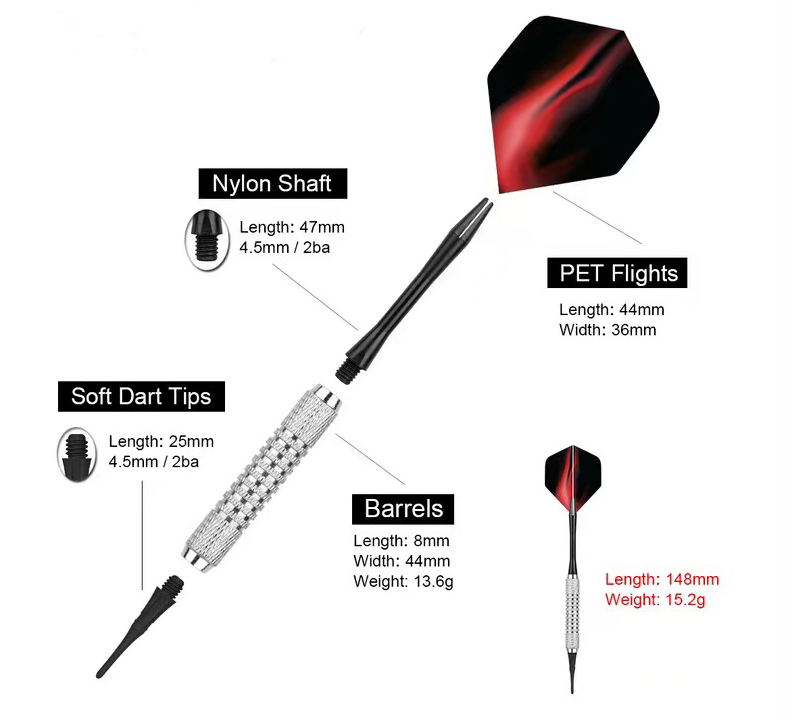 Zachte tip kleurrijke darts set 15,2 g met nylon schachten koolstofstaal vernikkelde dartbaan (L148mm)