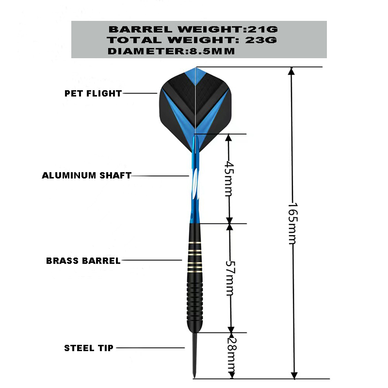 Stahlspitze Bunte Darts Set 23g mit Aluminiumschäften Kohlenstoffstahl vernickelt Dartlauf (L165mm)blau