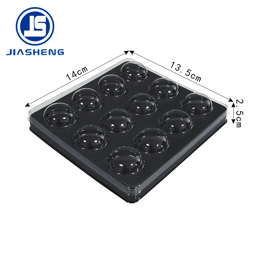 Twelve cavity chocolate tray insert with dimensions of 14 by 13.5 centimetres and a 2.5 centimetre depth