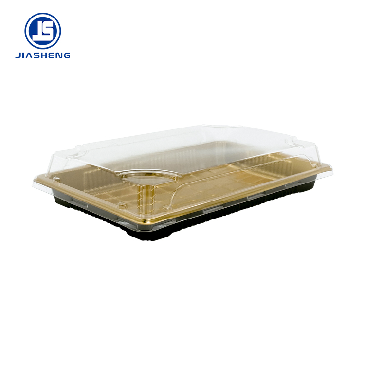 Sushi trays offered with colored bases and a clear dome lid &mdash; material and color chosen per market