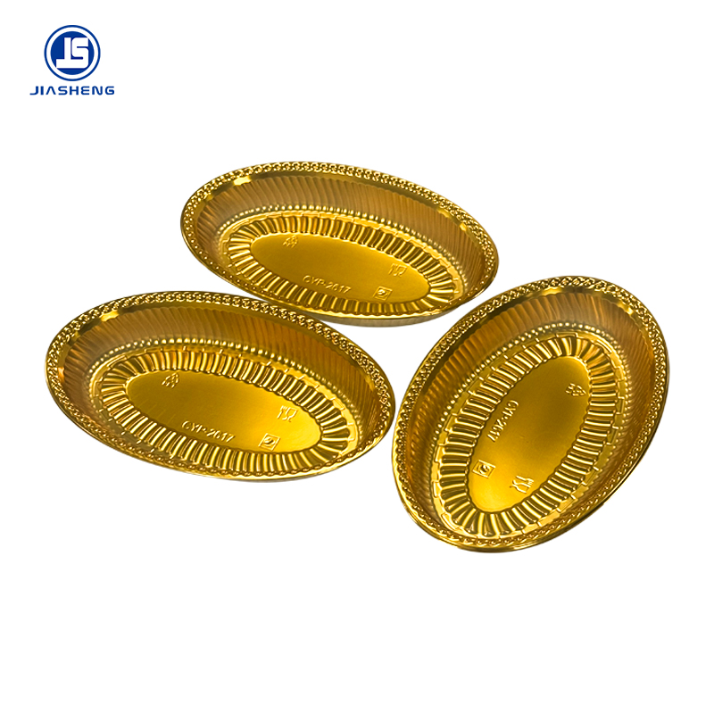 Premium Golden Oval Plastic Food Blister Trays | Custom Disposable Dessert Packaging