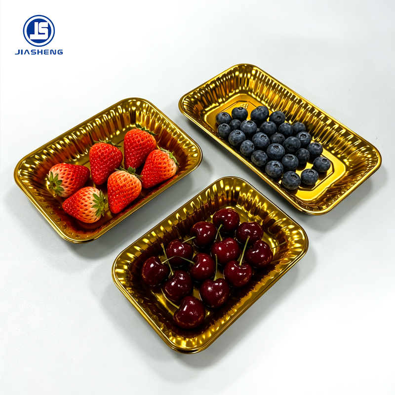 Golden Disposable Plastic Fruit Trays | Glossy PET Food Packaging Trays for Strawberry Blueberry Orange Supermarket Retail
