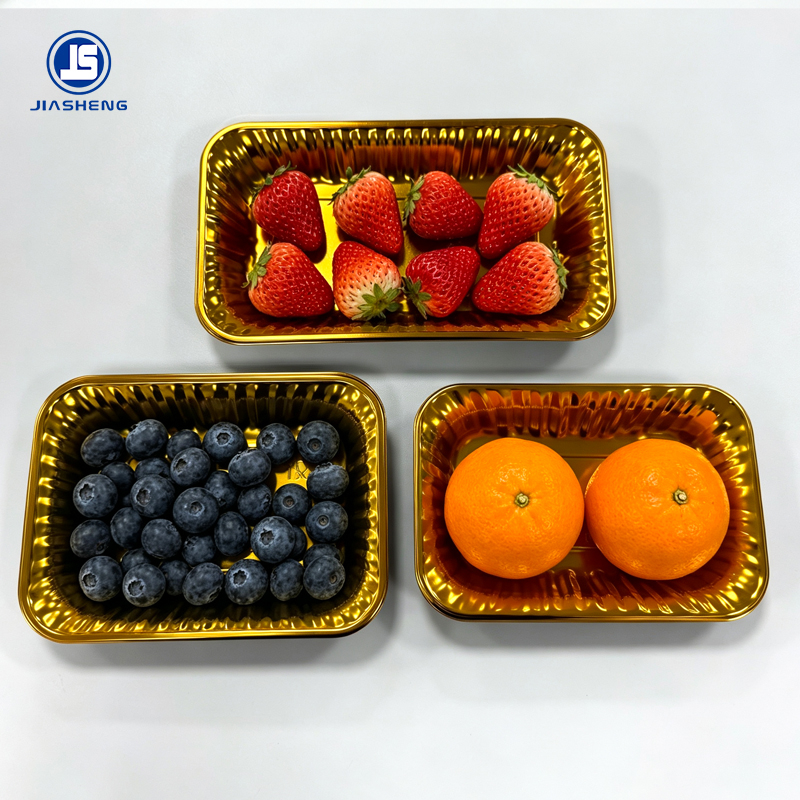 Golden Disposable Plastic Fruit Trays | Glossy PET Food Packaging Trays for Strawberry Blueberry Orange Supermarket Retail