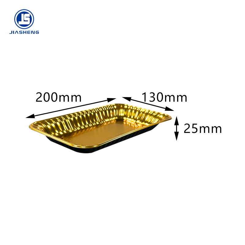 Glossy golden PET fruit tray with dimensions of 200 by 130 by 25 millimetres