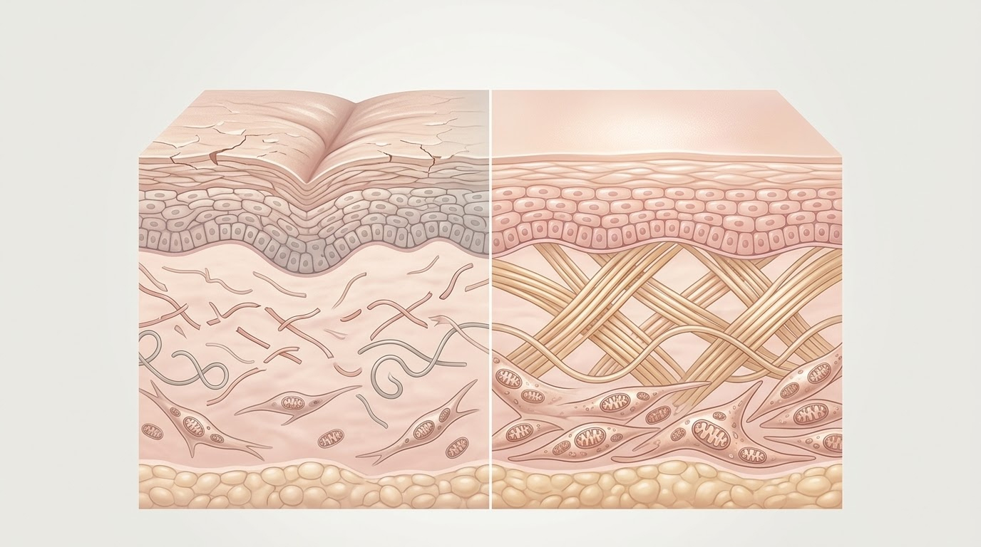 Skin rejuvenation concept showing collagen decline fibroblasts and antioxidant support after age 40