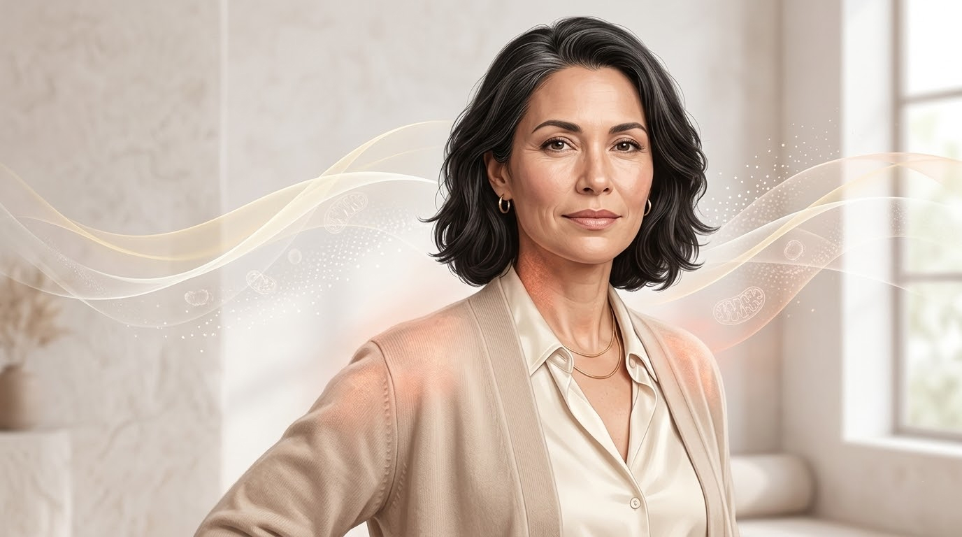 Illustration of biological aging changes in women over 40 including hormones NAD and inflammation