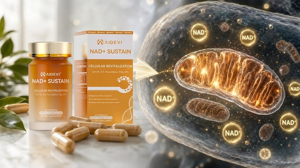 Cellular visualization showing NAD+ molecules in mitochondria supported by supplementation