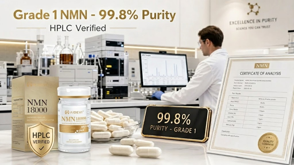 Pharmaceutical laboratory showing HPLC testing equipment and 99.8% Grade 1 NMN Certificate of Analysis