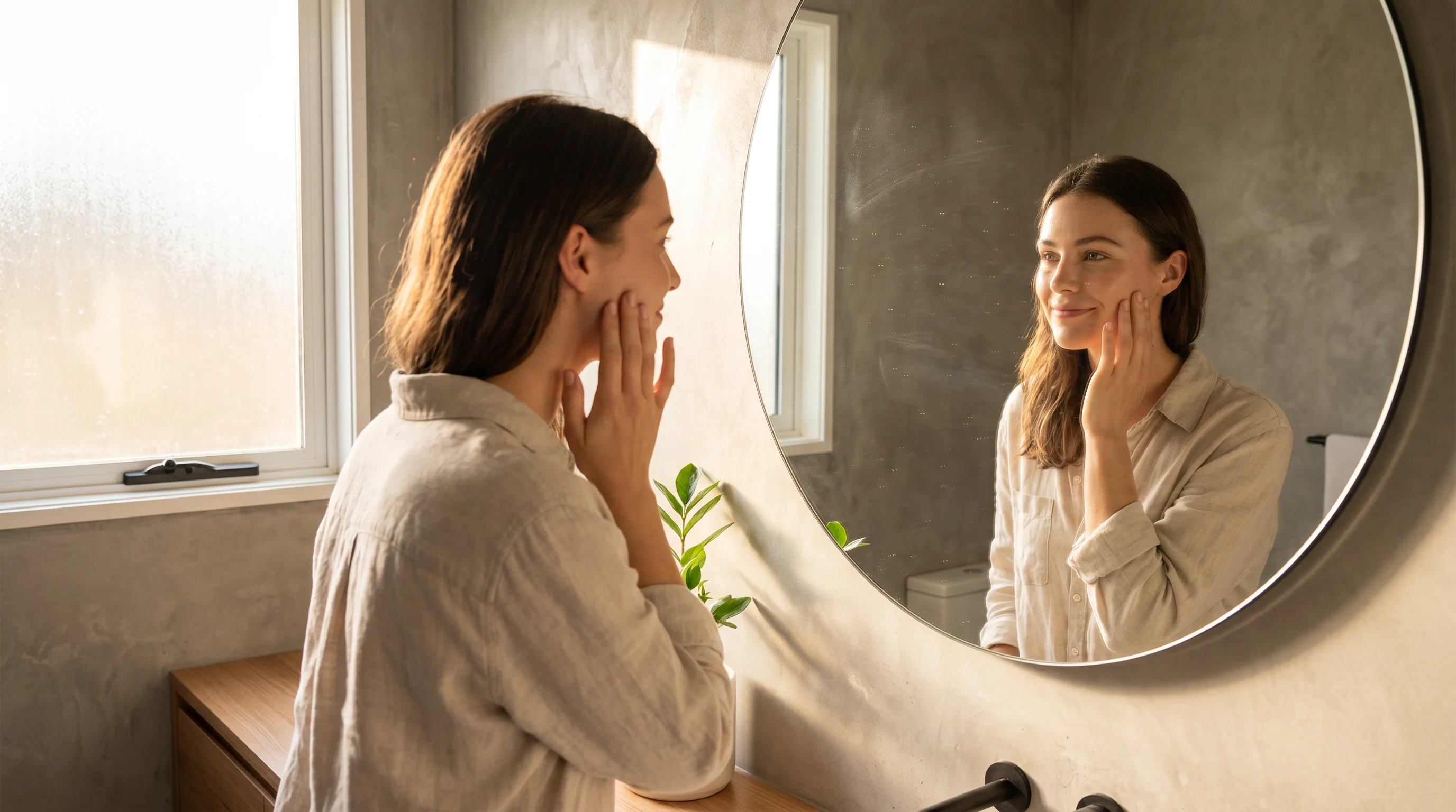 Young woman examining her skin in a bathroom mirror &mdash; starting anti-aging awareness in your 20s