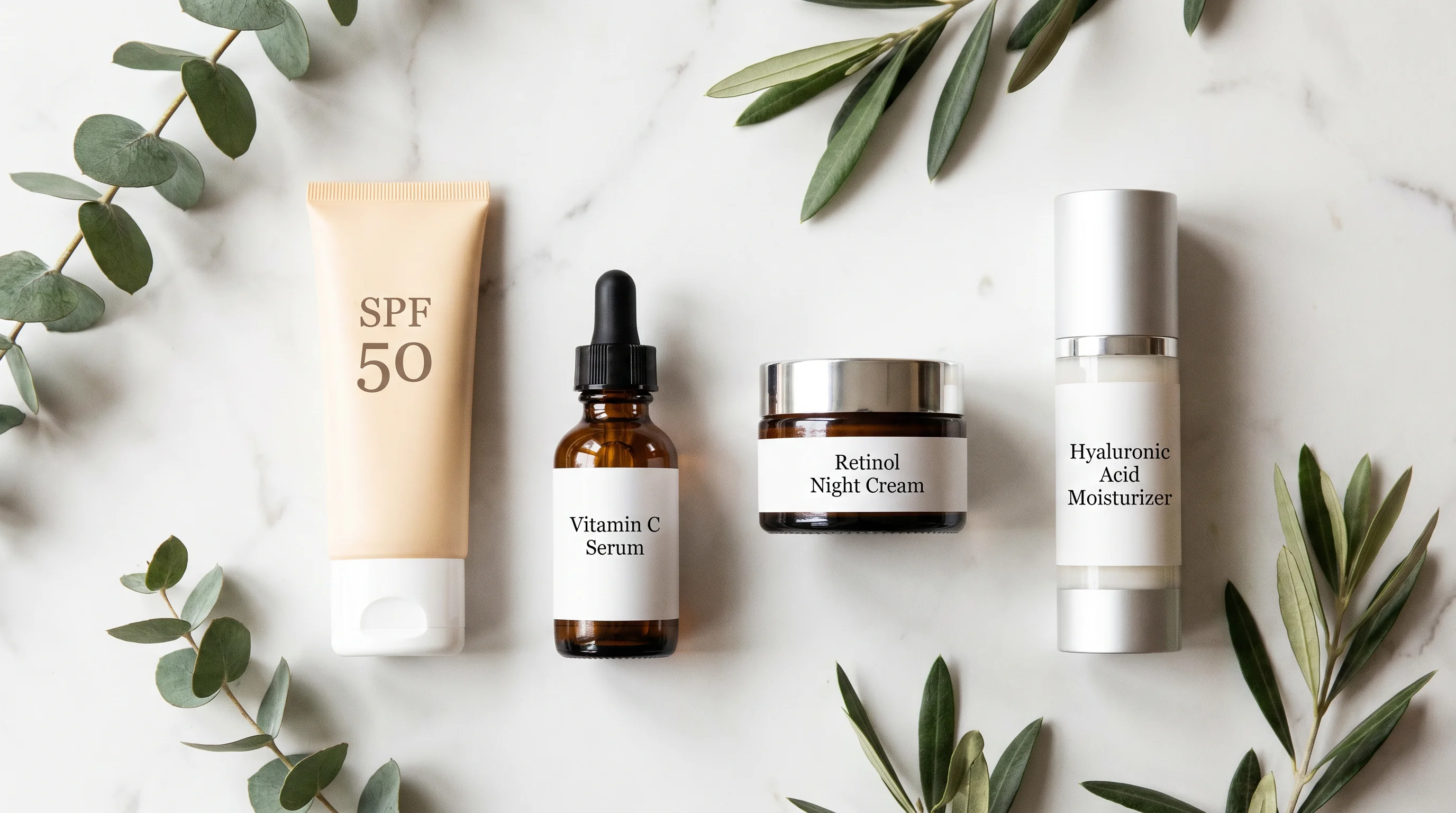 Essential anti-aging skincare products for your 20s: SPF 50, Vitamin C Serum, Retinol Night Cream, Hyaluronic Acid