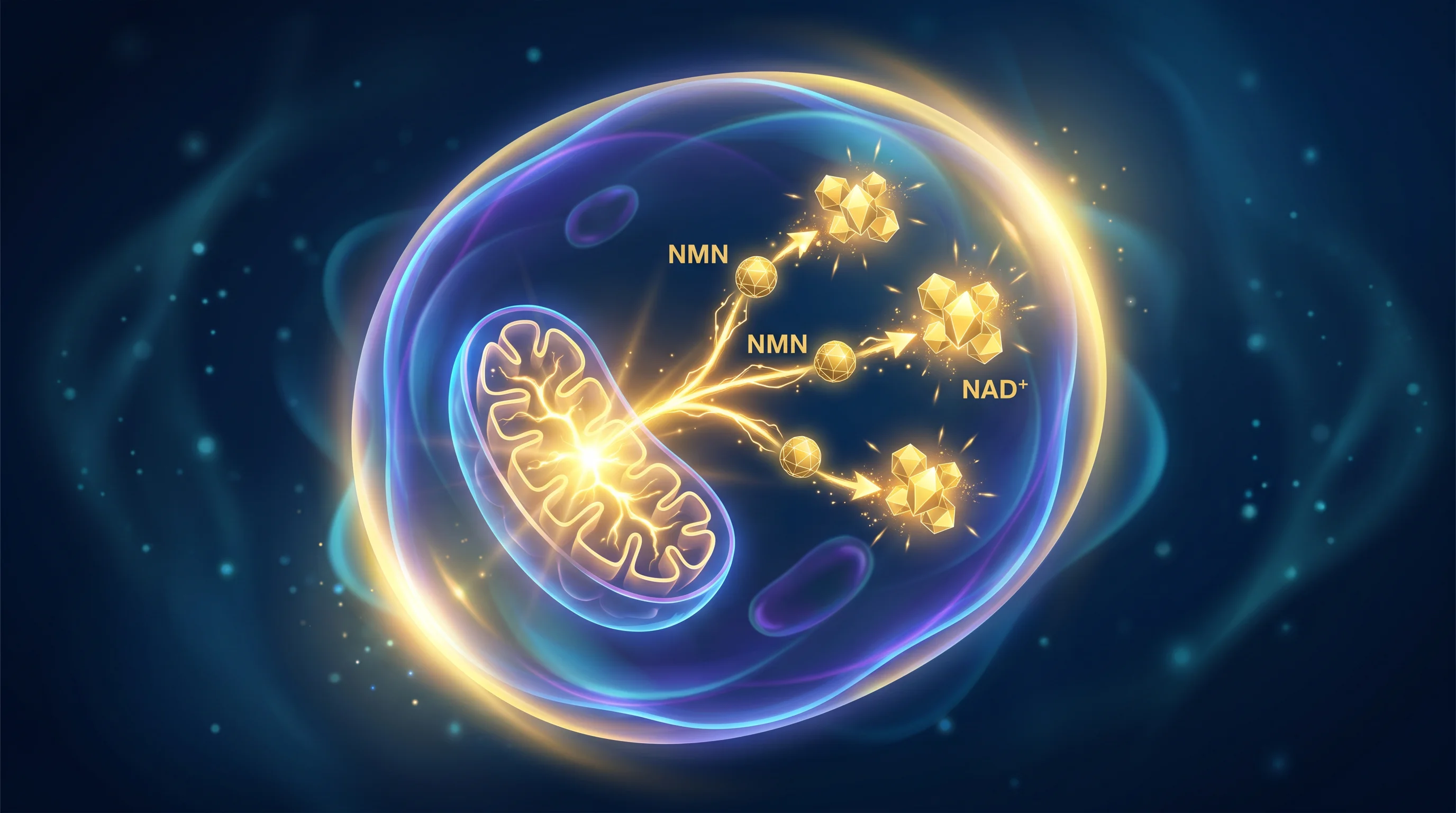 NMN molecules converting to NAD+ inside a glowing mitochondria cell