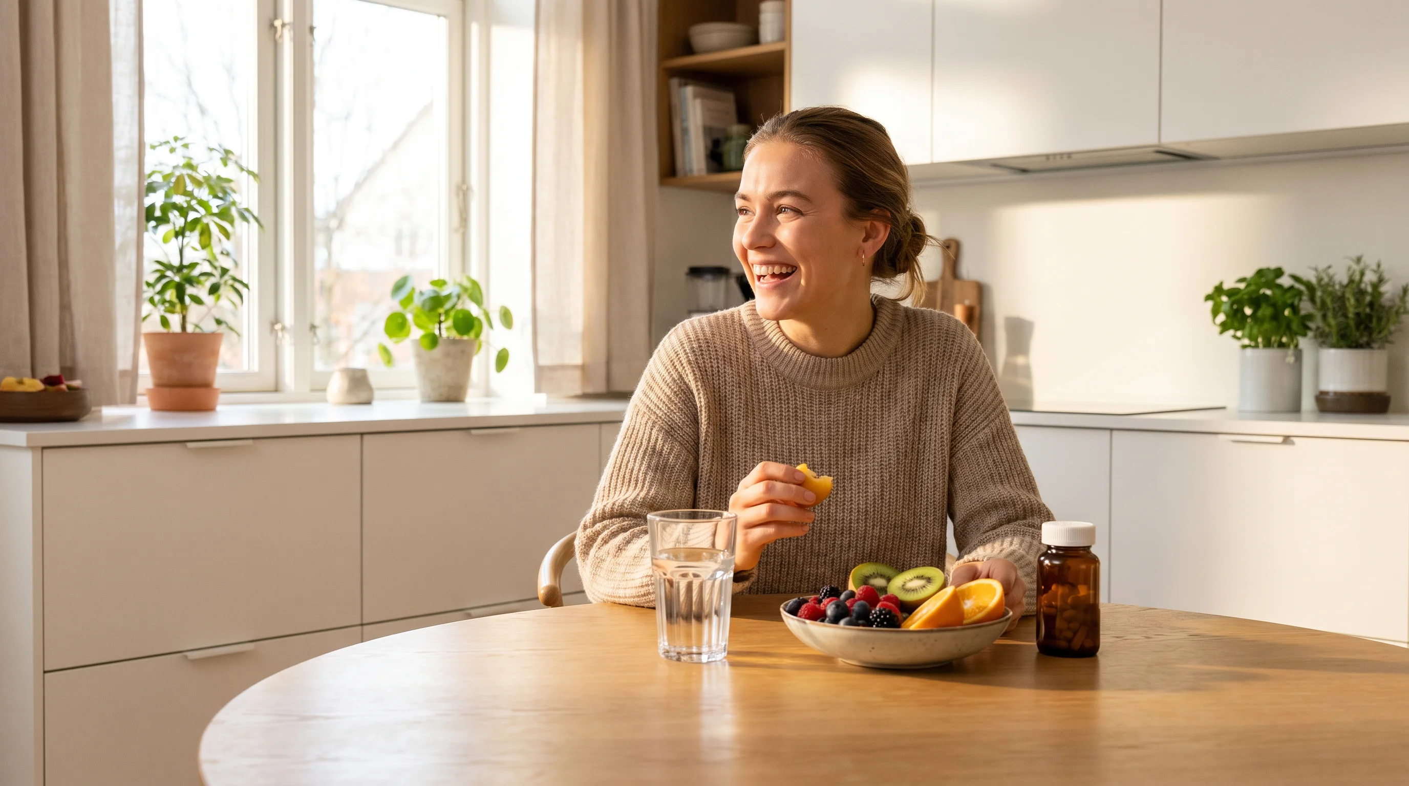 Young woman enjoying a healthy anti-aging lifestyle with fresh fruits and supplements