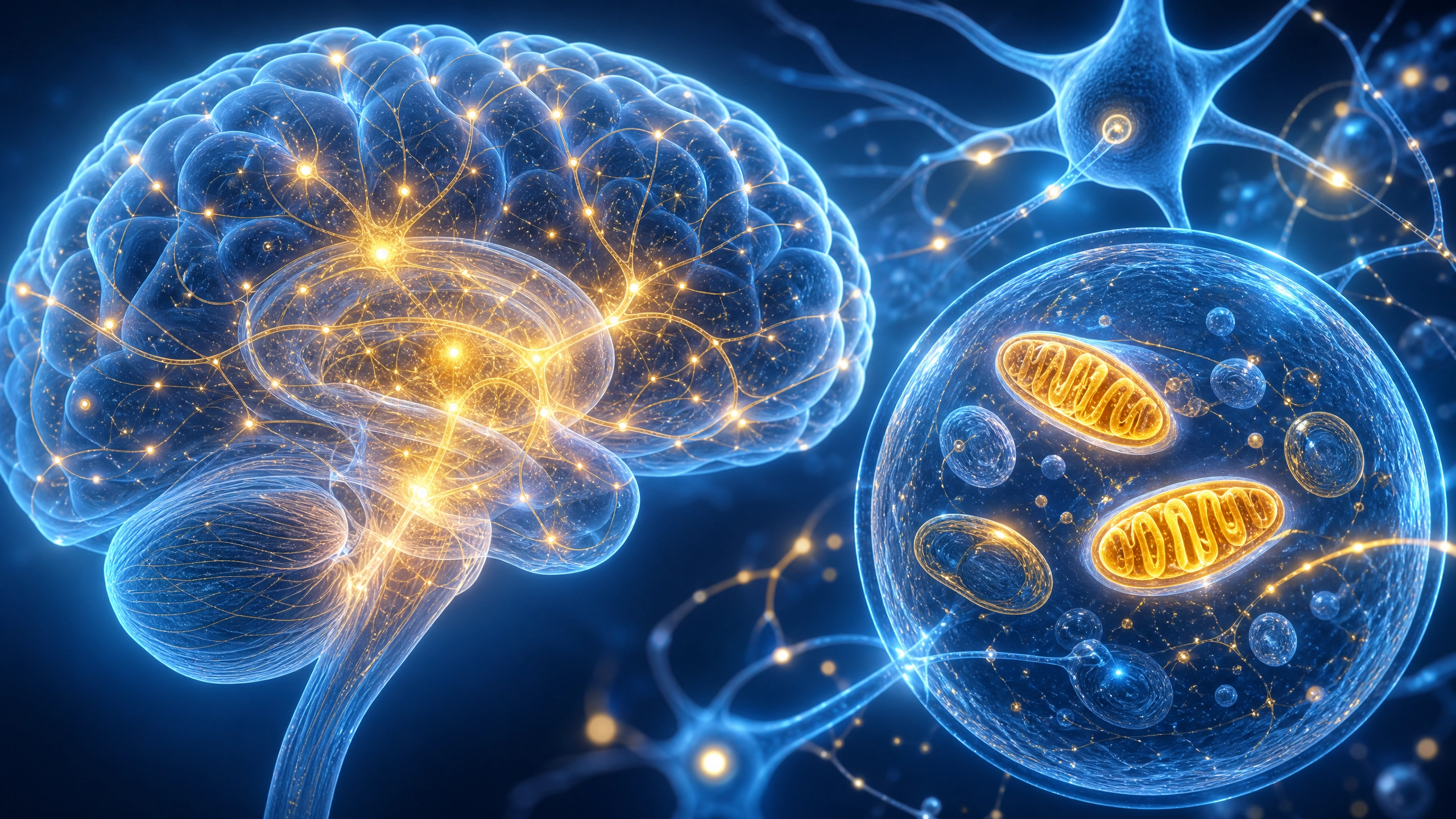 A conceptual 3D illustration of a human brain with glowing neural pathways and mitochondria-like structures inside cells, representing cellular energy and NAD+ boosting.